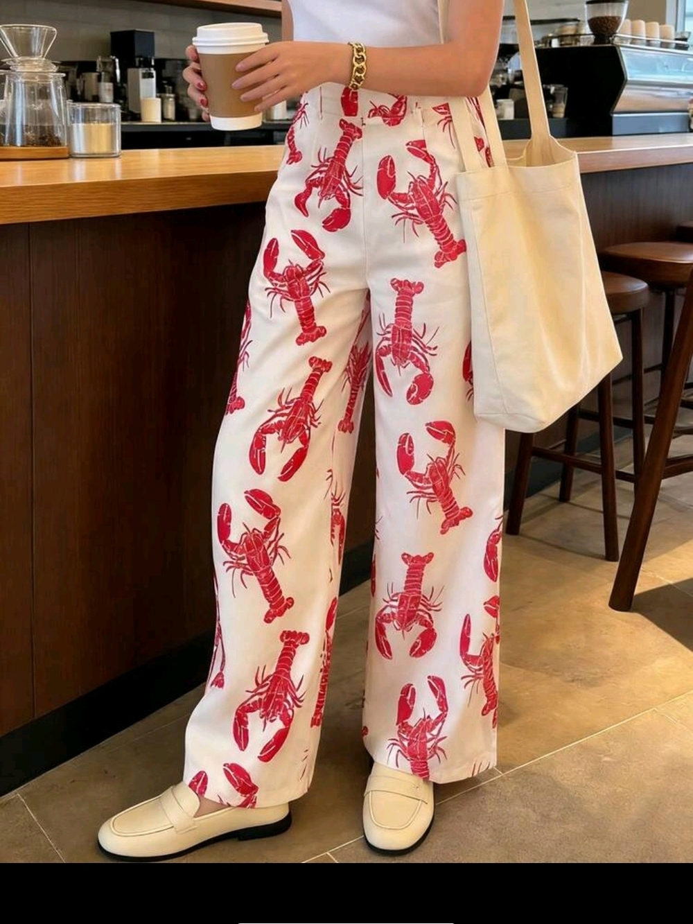 White Wide-Leg Pants with Red Lobster Print